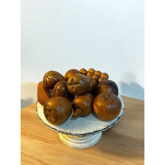 Vtg MCM 11 Piece Stained Brown Wood Fruit Set Retro - Picture 1 of 12